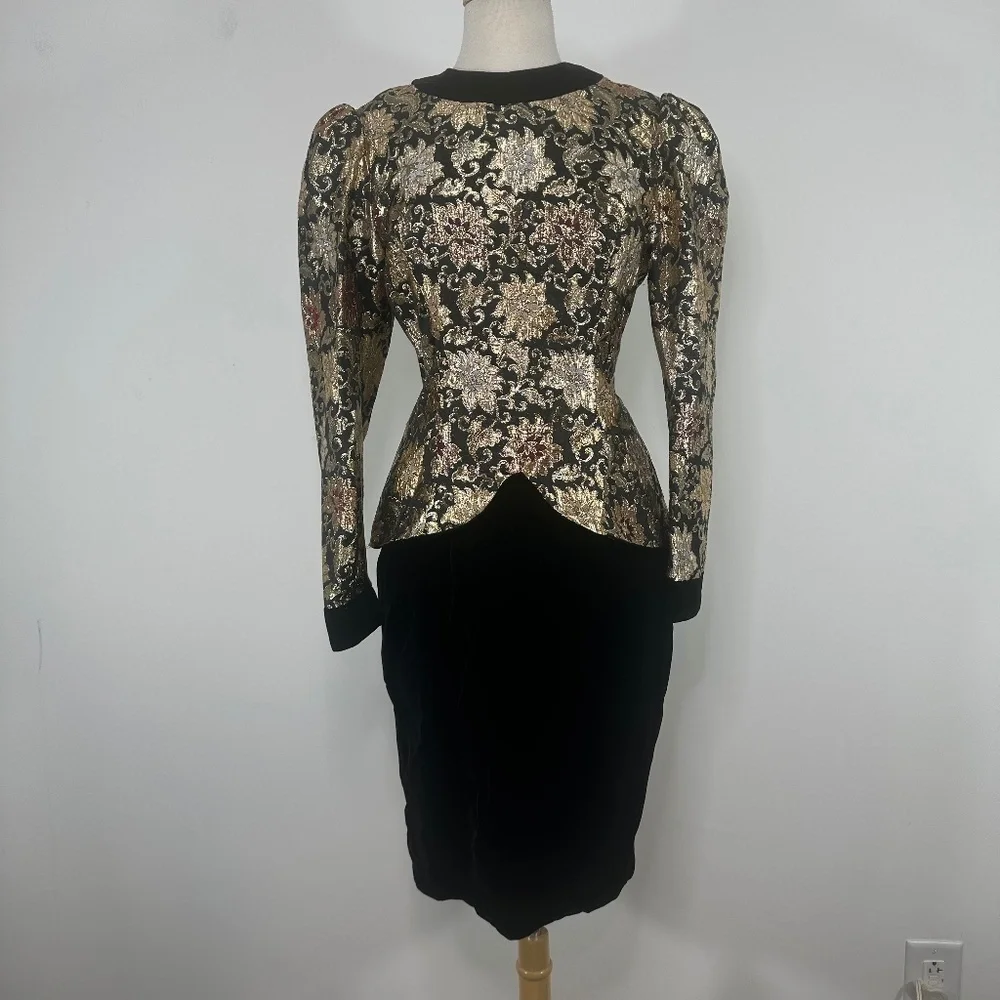VTG JESSICA McCLINTOCK Velvet Brocade Party Dress Puff Black Gold Ball Gown 10